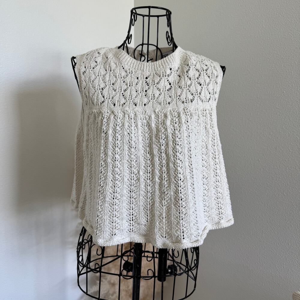 Zara Cream Pointelle Knit Sleeveless Cropped Top- neutral, cottagecore